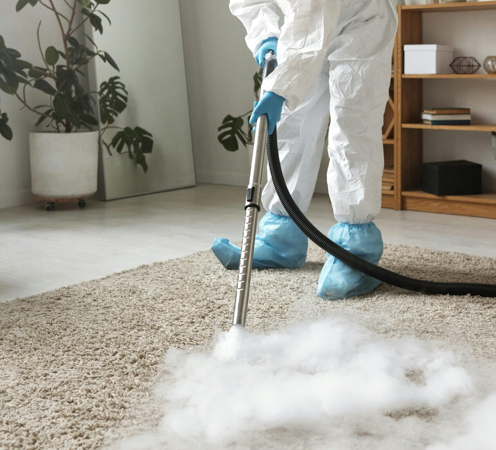 A person in protective gear disinfecting a carpet with a fumigation device indoors.